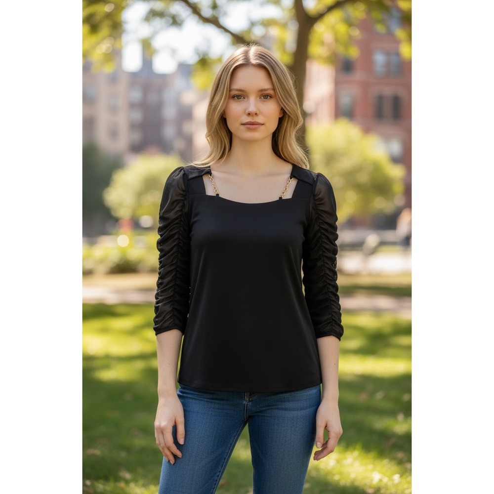 Adele & May Black Chain Shoulder Sheer Ruched Sleeve Knit Top Size M